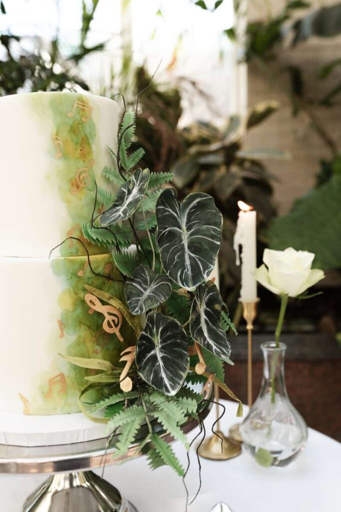Two tier, hand painted botanical theme wedding cake, the Biscuit Factory, Newcastle
