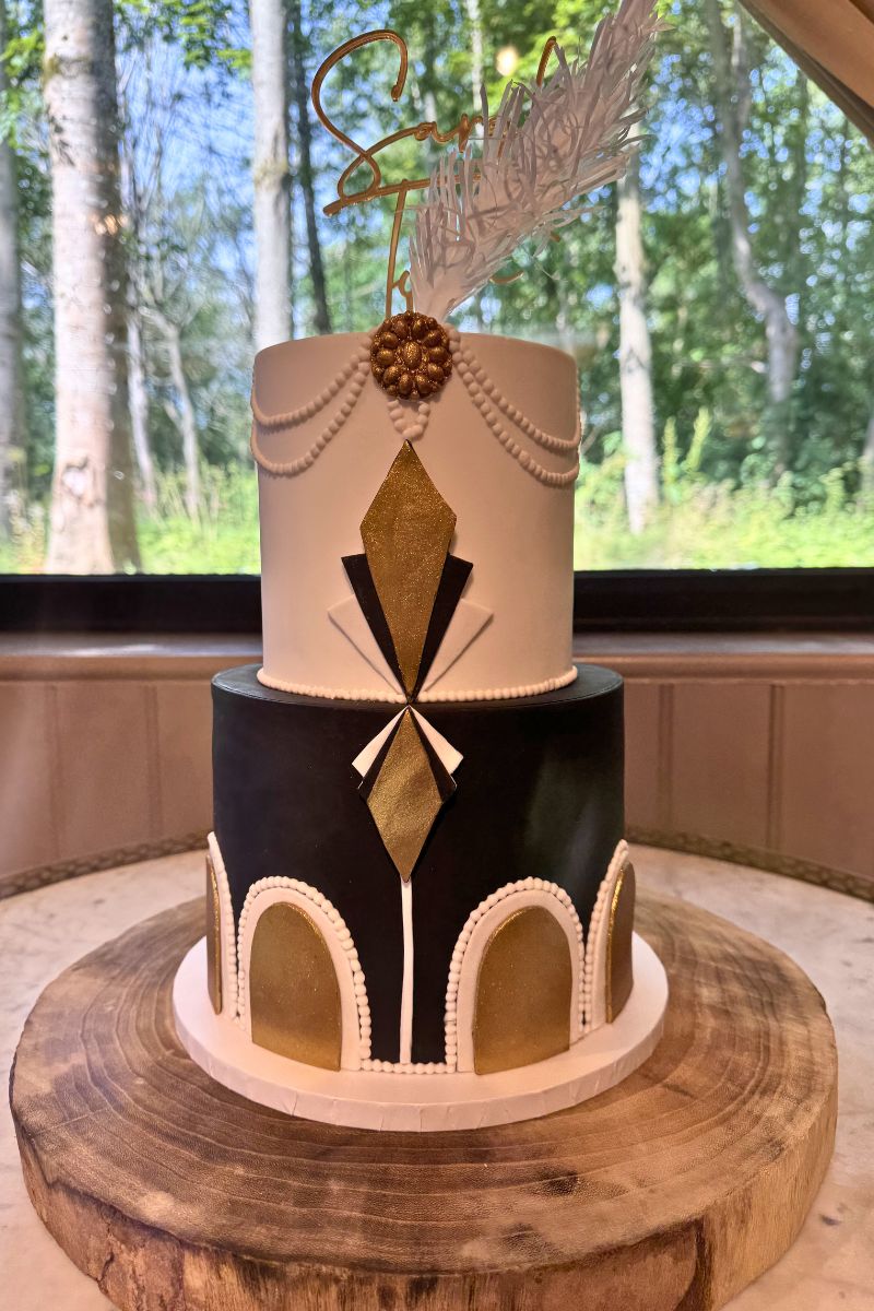 Two tier art decor inspired wedding cake, Short Flatt Tower, Northumberland