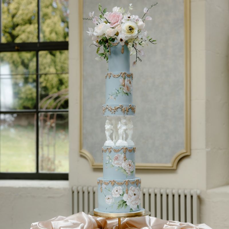 Hand painted Bridgerton inspired wedding cake, Wynyard Hall, Northumberland